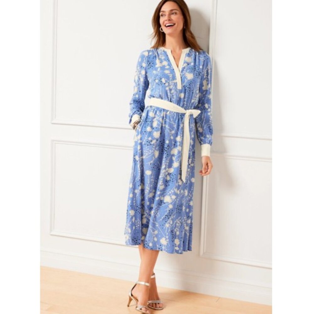 Capri Blue & White Dancing Flowers Belted Fit & Flare Shirtdress - NEW - Picture 2 of 12
